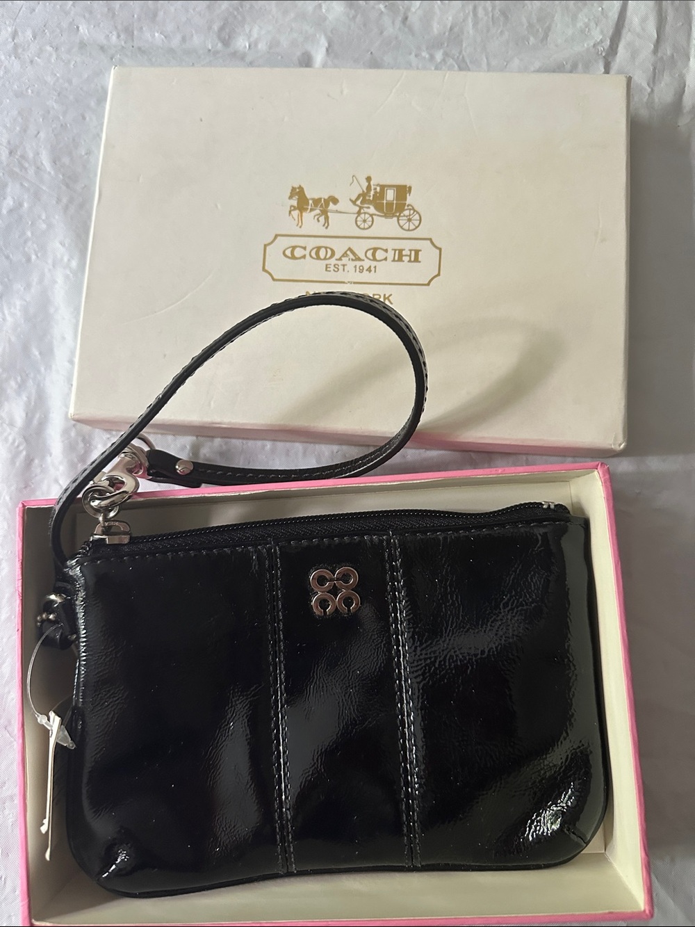 Coach Black Patent Leather Wristlet Clutch with Silver Logo